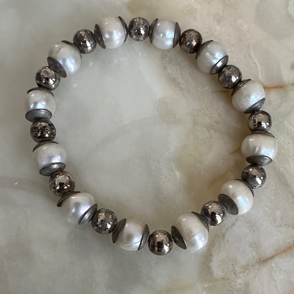 925 sterling Silver Pearls Bead Stretch Bracelet -